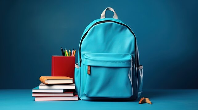 Blue backpack with stationery and a stack of books. Generative AI.