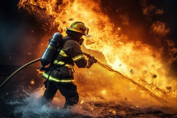 Obraz premium Fireman using water to fighting with fire flame. Generative AI.