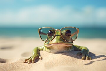 Obraz premium Frog lying on a sunny beach. Generative AI.