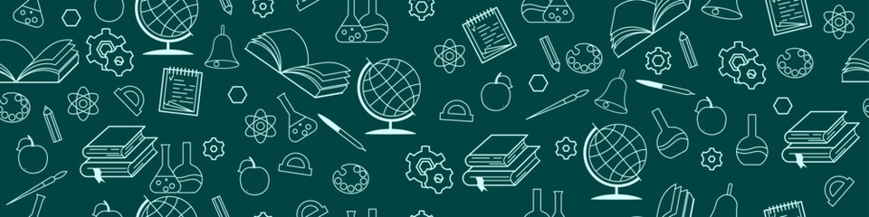 Seamless pattern with school doodles. Back to school hand drawn background. Learning, knowledge, skills concept. Seamless background with icons of educational supplies