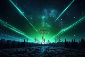 Overhead Electricity Transmission Lines with Digital Visualization of Electricity. Generative AI. - obrazy, fototapety, plakaty