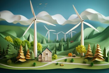 Paper art, renewable energy with green energy as wind turbines. Generative AI.