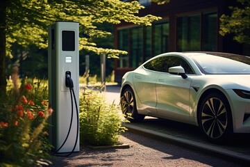 Fototapeta na wymiar EV charging car on a sunny summer day ourside his garage. Generative AI.