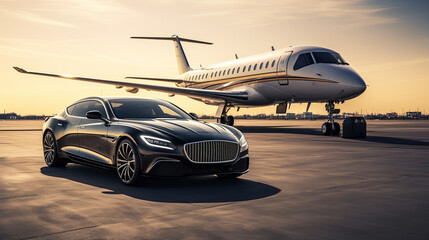 Luxury car and private jet on the runway. Business class service at the airport. Generative AI.