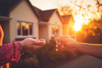 Two people taking a key in the house. Generative AI.