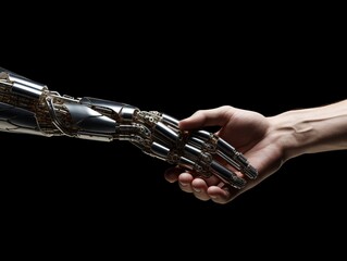 A handshake between a robot hand and a human hand. Generative AI.