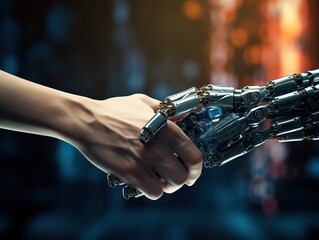 A handshake between a robot hand and a human hand. Generative AI. © Bargais