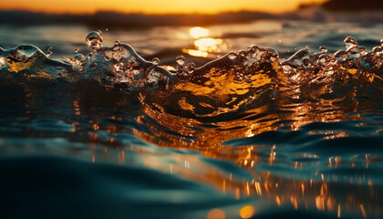 Naklejka premium Sunset wave splashing on tranquil water surface generated by AI