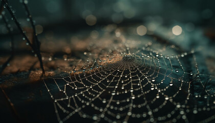 Spider web glistens with dew in nature generated by AI