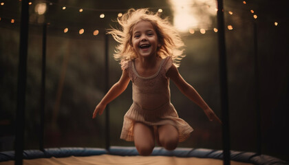 Cute blond girl jumping, dancing, and smiling joyfully generated by AI