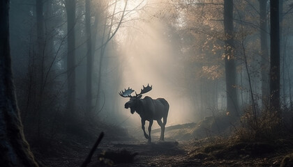 Naklejka premium Horned stag walking through foggy forest generated by AI