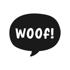 Woof text in a dark black speech bubble balloon. Cartoon comics dog bark sound effect and lettering. Simple flat vector illustration silhouette on white background.