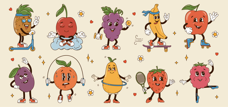 Set isolated different sportive fruits groovy characters in gloves in flat retro classic cartoon style on white background. Illustration for your design, print, card, poster, stickers