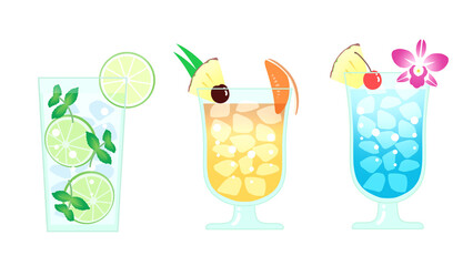 ポップでかわいいトロピカルなカクテルセット（モヒート、マイタイ、ブルーハワイ）