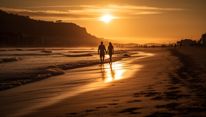 Silhouette couple walking on beach at sunset generated by AI