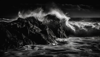 Breaking waves crash on rough coastline at dusk generated by AI