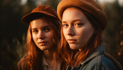 Two young women smiling, looking at camera outdoors generated by AI