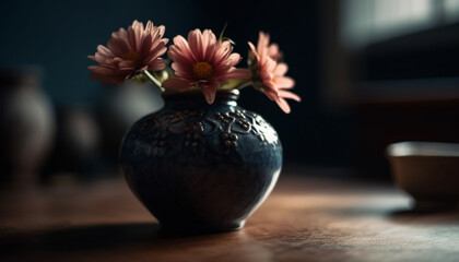 Rustic pottery vase holds beautiful gerbera daisy bouquet generated by AI