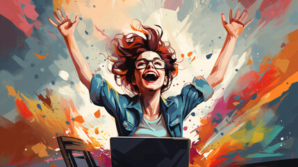 Obraz na płótnie Canvas diagonal view of a joyful business woman freelancer happy about their success