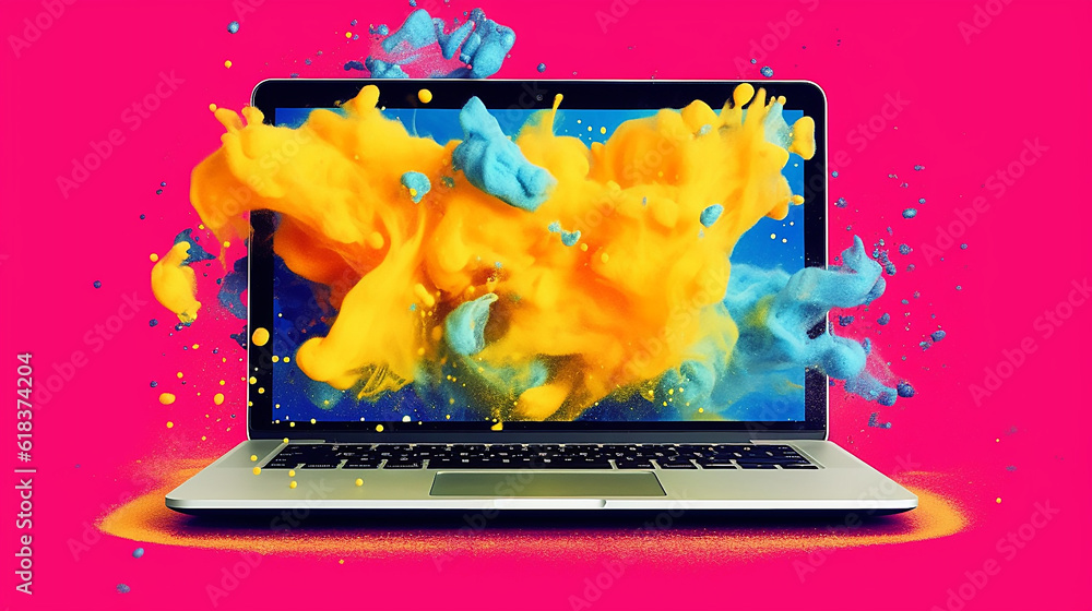 Wall mural laptop computer with exploding ink and powder 3d concept - generative ai