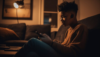 Fototapeta premium Young adult man enjoying wireless headphones indoors generated by AI