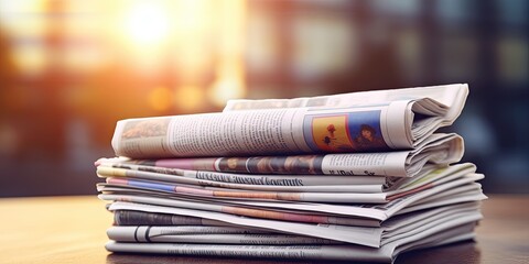 Pile of newspapers on blur background. Generative AI image