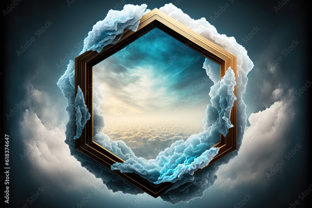Poster frame made with white cloud in the sky in hexagon shape. concept of fantasy luxurious window. finest
