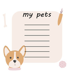 Vector childish page for notes with corgi dog head, booklet, planner, notepad and diary template, list