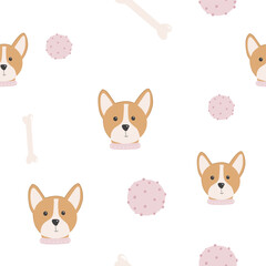 Seamless pattern with corgi dog head, ball and bone for dogs on white background