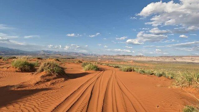Off road trail riding recreation UTV POV Utah. Southern Utah desert Sand Hollow. Red sandstone, dirt sand trails. Outdoor extreme 4x4 recreation ride and adventure. Recreation in nature.