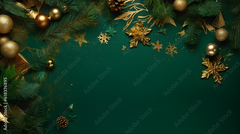 Wall mural christmas branches and decorations on green background with copy space created with generative ai