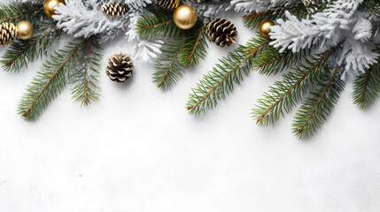 Christmas branches and decorations on white background with copy space created with Generative AI 