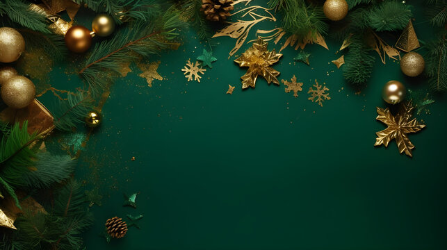 Christmas branches and decorations on green background with copy space  created with Generative AI 
