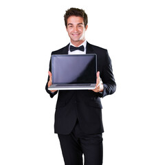 Portrait, man and waiter is holding a laptop with blank screen in png or isolated or transparent...