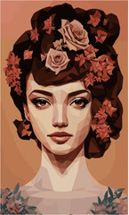 Beautiful woman with flowers in her hair, isolated vector illustration. Low poly graphics style.