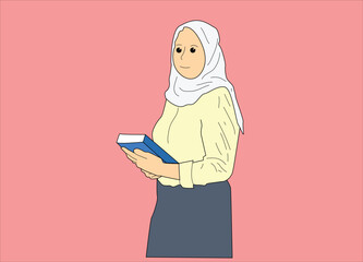 female character wearing hijab holding book