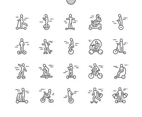 Fototapeta premium Personal transportation. People riding. One wheel scooter, rollers, bicycle, electric skates. Pixel Perfect Vector Thin Line Icons. Simple Minimal Pictogram