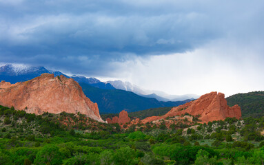 Garden of the Gods national park in the spring with lush green forest trees in Colorado Springs, CO USA. - 618378223