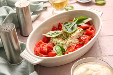 Baking dish with tasty tomatoes and feta cheese on pink tile background