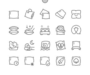 Pillow. Bedding, bedroom decorations. Memory foam. Neck pillow. Pixel Perfect Vector Thin Line Icons. Simple Minimal Pictogram