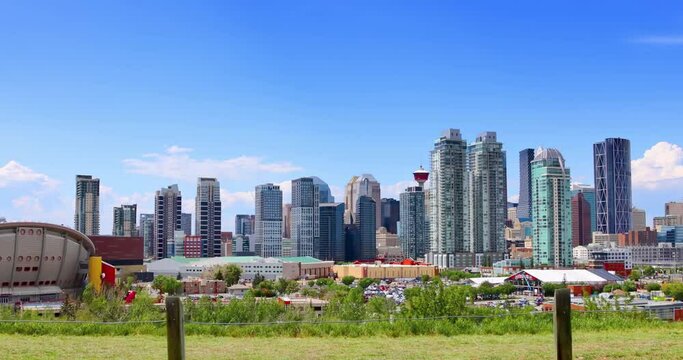 Calgary, Alberta, Canada. Jun 26, 2023.  A Dolly of the Calgary Downtown skyline during summer.