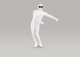 Funny man in bodysuit costume dancing in studio. Full length shot of man disguised in white spandex...