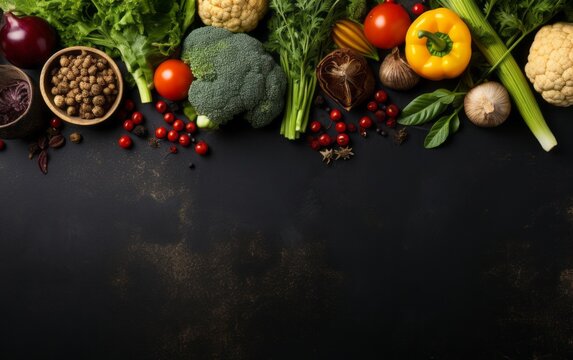 still life with vegetables and fruits, black background, AI generative