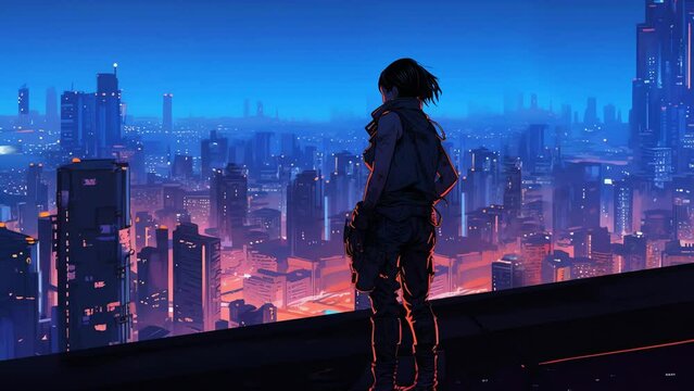 anime scene of android girl standing on the top of building watching neo cyberpunk city