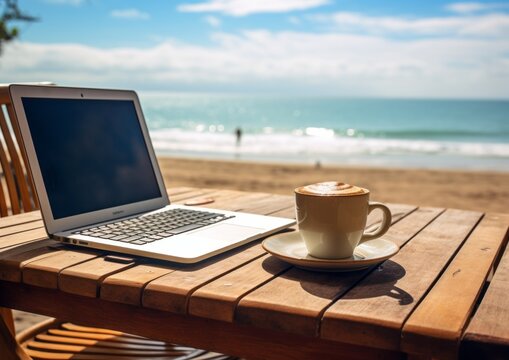 coffee and laptop on the beach, AI generative 