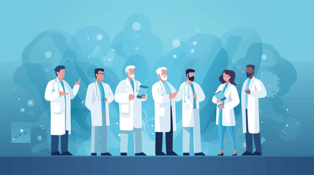 vector illustration group doctors hospital communication making scientific experiments diverse medical workers blue background flat banner .