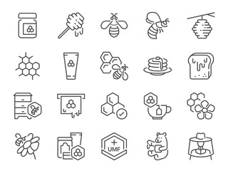 Honey icon set. It included bee, hive, products, sweet, and more icons. Editable Vector Stroke.

