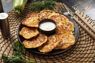 Plate of tasty zucchini fritters with sour cream on table