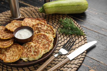 Plate of tasty zucchini fritters with sour cream on black wooden background