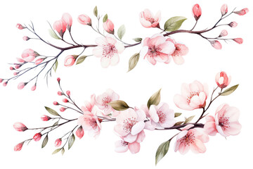 Fototapeta na wymiar Watercolor of Tropical spring floral green leaves and flowers elements isolated on transparent png background, bouquets greeting or wedding card decoration, with Generative Ai.